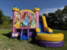 Disney Princess 6-in-1 bounce house rental in Houston with wet or dry slide, perfect for birthday parties in Cypress.