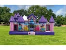 Disney Princess toddler bounce house rental in Dallas with purple turrets and slide, ideal for ages 2-6 parties in Frisco.