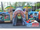 Dora and Diego moonwalk bounce house rental in Dallas featuring vibrant blue-green adventure theme for Arlington events.