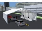 Large white drive-through tent rental in Houston with green stripe accent, seats up to 350 guests for events and curbside