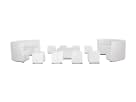White modular lounge furniture set with curved corner chairs and ottoman units ideal for Houston event rentals seating up to 16