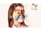Colorful parrot face paint rental performer in Houston with vibrant red, yellow, and blue designs—ideal for kids' parties