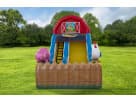 Red, blue, and yellow farm water slide rental in Dallas with adorable animal graphics, ideal for Plano birthday celebrations.