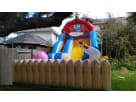 Farm-themed water slide rental in Dallas with 18ft dual slides, ideal for kids ages 3 and up at backyard birthday parties.