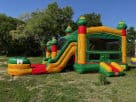 Perfect for Austin birthday parties, this 2-lane fiesta bounce house combo rental features a slide and basketball hoop in vibrant