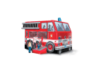 Fire truck bounce house rental in Houston with ramp entrance, holds 6-8 kids, ideal for firefighter birthday parties.