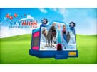 Frozen-themed bounce house rental in Austin with blue and pink Disney character design, ideal for Cedar Park parties.