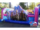 Frozen bounce house rental in Houston featuring dual slides and Disney characters, ideal for Kingwood parties.
