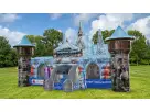 Frozen-themed toddler obstacle course rental in Austin featuring twin ice palace towers, ideal for parties in Leander with space