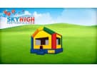 Colorful Funhouse Jumper bounce house rental in Houston with yellow roof, ideal for small backyard parties and indoor or outdoor