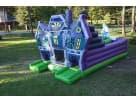 Haunted House Maze bounce house rental in Houston with purple and blue Victorian-style design, ideal for Katy church festivals