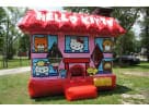 Perfect for Austin birthday parties, this pink Hello Kitty bounce house rental features character windows and a red awning roof