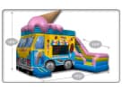 Perfect for Austin birthday parties, this ice cream truck bounce house combo rental features a slide and vibrant pink soft-serve