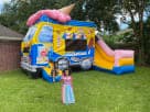 Ice Cream Truck bounce house rental in Austin with slide attachment, perfect for San Marcos birthday parties and outdoor events.