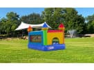 Colorful castle bounce house rental in Dallas with bright blue, red, and yellow panels, holds 4 kids, ideal for indoor or outdoor