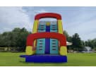 18ft rock climb and dual lane dry slide rental in Austin—colorful inflatable combo with red, yellow, and blue panels