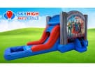 Justice League bounce house water slide rental in Dallas with wet or dry slide option, perfect for Frisco birthday parties