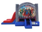 Justice League EZ Bounce House con tobogán acuático en renta en Austin, ideal para fiestas en Kyle con opción húmeda o seca.