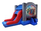 Renta de bríncolín acuático Justice League con tobogán húmedo o seco disponible en Austin, ideal para fiestas en Cedar Park.