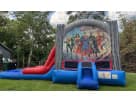Justice League wet or dry bounce house with water slide rental in Dallas, ideal for Mesquite birthday parties and backyard events.