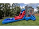 Justice League bounce house with wet or dry water slide rental in Austin, featuring dual slides and pool area ideal for backyard