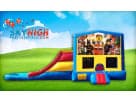 Lego 3in1 obstacle course rental in Houston with dual slides and basketball hoop, ideal for The Woodlands birthday parties.