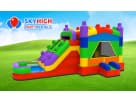 Colorful Lego Bricks bounce house combo with slide and climbing wall rental in Austin, perfect for indoor or outdoor parties