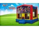 Marvel Avengers 13x13 bounce house rental in Austin with red and yellow graphics, perfect for San Marcos superhero parties.