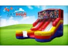 Super Heroes dual-lane water slide rental in Austin with wet or dry play, set up in residential backyard, ideal for Round Rock