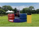 Renta de brincolín mecánico tiburón interactivo perfecto para fiestas en Austin, con diseño arcoíris y competencia de resistencia.