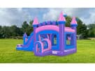 Pink castle bounce house rental in Houston with wet or dry slide option, ideal for Conroe parties.