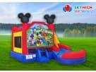 Mickey Mouse 6in1 bounce house rental in Houston with attached water slide, perfect for kids ages 3 and up at backyard parties.