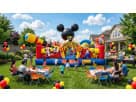 Mickey Mouse toddler bounce house rental in Austin backyard with children playing, featuring Disney-licensed character design
