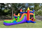 Colorful rainbow bounce house with dual water slides rental in Houston, ideal for wet or dry backyard parties in Conroe.