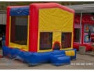 Red and yellow 13ft bounce house rental in Houston with mesh windows, ideal for League City parties.