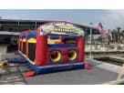 Perfect for large group events in Dallas, this colorful 8-element obstacle course rental features dual slides and basketball hoop
