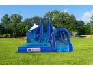 Blue dual lane water slide rental in Dallas with slip n slide feature, ideal for McKinney parties.