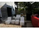 White modular lounge furniture set with 8-person capacity for Houston backyard gatherings, ideal for Pasadena event rentals.