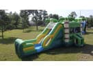 Green and yellow dual-slide bounce house rental in Houston, ideal for wet or dry play at Katy birthday parties.