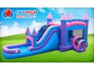 Pink and blue bounce house combo with dual water slides rental in Houston, ideal for backyard parties in Cypress with enclosed