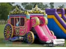 Perfect for Houston birthday parties, this princess carriage bounce house rental features a kid-friendly slide and holds up to 5