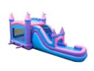 Pink castle bounce house with dual water slides rental in Houston, ideal for Cypress birthday parties with spacious bouncing area