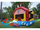 Red and yellow pirate ship bounce house rental in Dallas, holds 6-8 kids, perfect for Lewisville birthday parties.