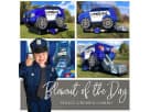 Blue and white police cruiser combo bounce house rental with slide, ideal for Spring parties and backyard events.