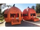 Two bright orange pumpkin bounce houses with dark windows displayed at a Dallas park, ideal for fall festival rentals in McKinney.