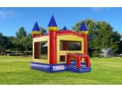 Red and yellow bounce castle with basketball hoop rental in Austin—13x13 jumping arena perfect for Pflugerville birthday parties.