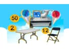Snow cone machine rental in Houston with 2 tables and 12 chairs—ideal for Cypress backyard parties.