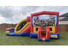 Roblox 3in1 obstacle course rental in Houston with dual slides and basketball hoop, perfect for League City birthday parties.