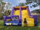Purple and yellow inflatable rockwall and slide rental in Houston, perfect for backyard birthday parties in The Woodlands