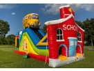 School House & Bus obstacle course rental in Austin with dual slides and climbing wall, ideal for Pflugerville birthday parties.